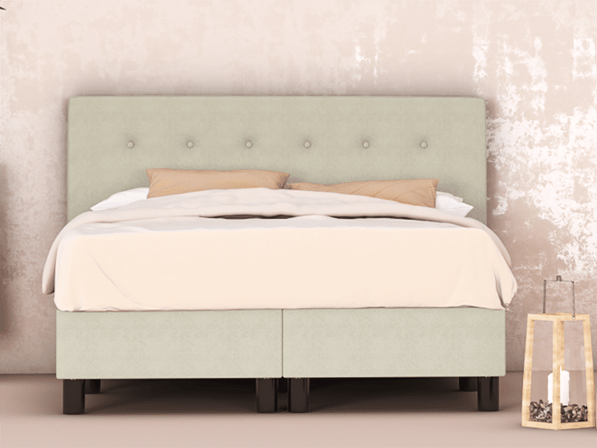 erkendmatras boxspring hoofdbord knopen stof beige