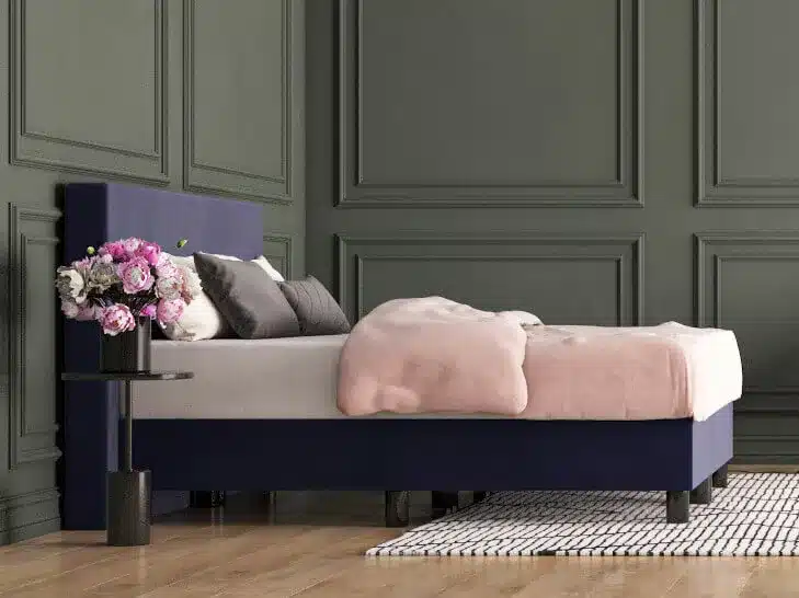 erkendmatras boxspring hoofdbord vlak velvet blauw zijaanzicht