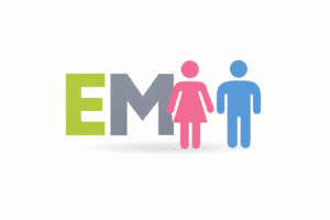 EM logo en man en vrouw