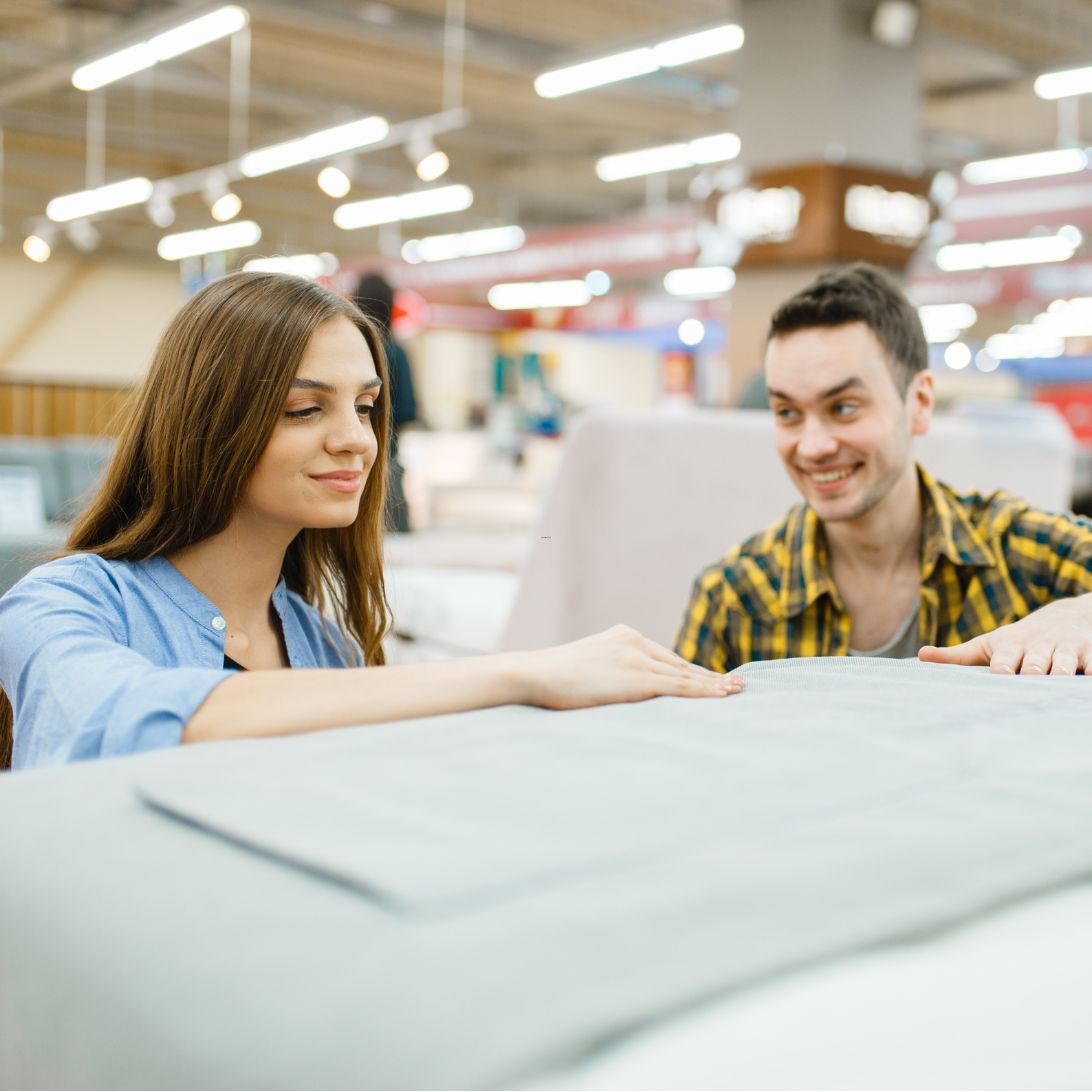 Koppel bekijkt bed om te kopen in winkel