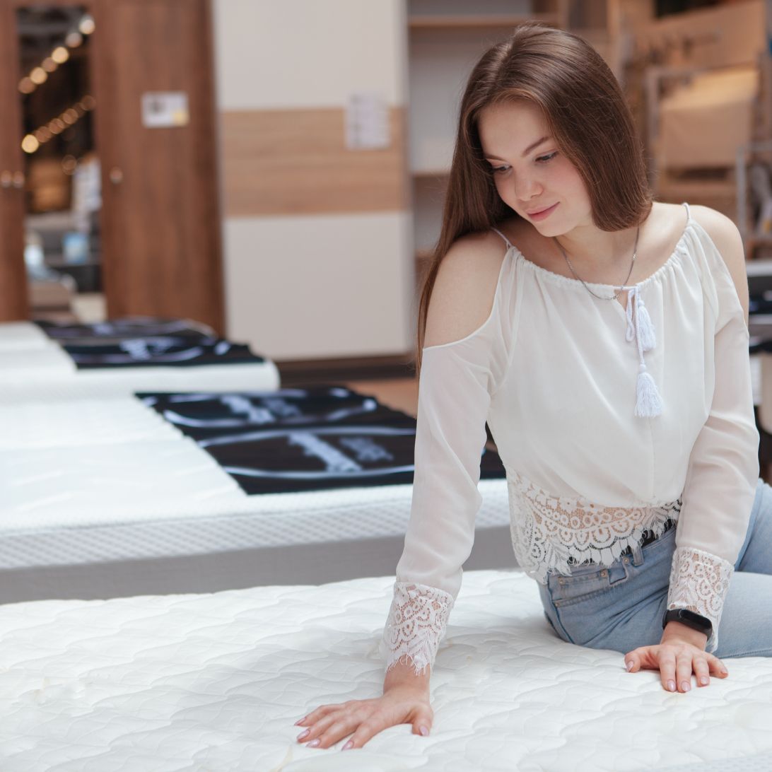 Vrouw test in winkel matras om het juiste matras te kopen