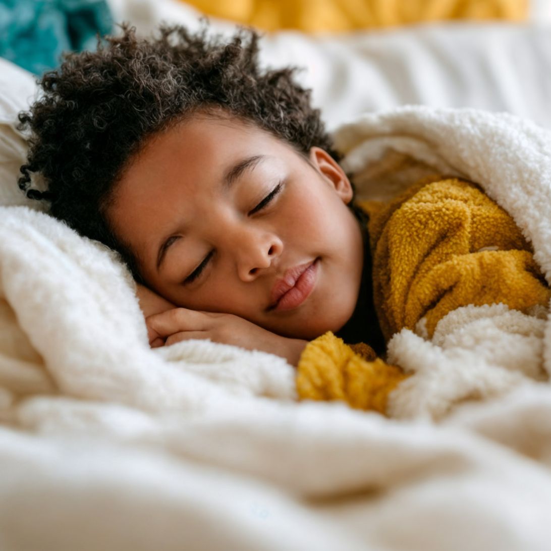 Kind in diepe slaap, in bed ,onder dekens