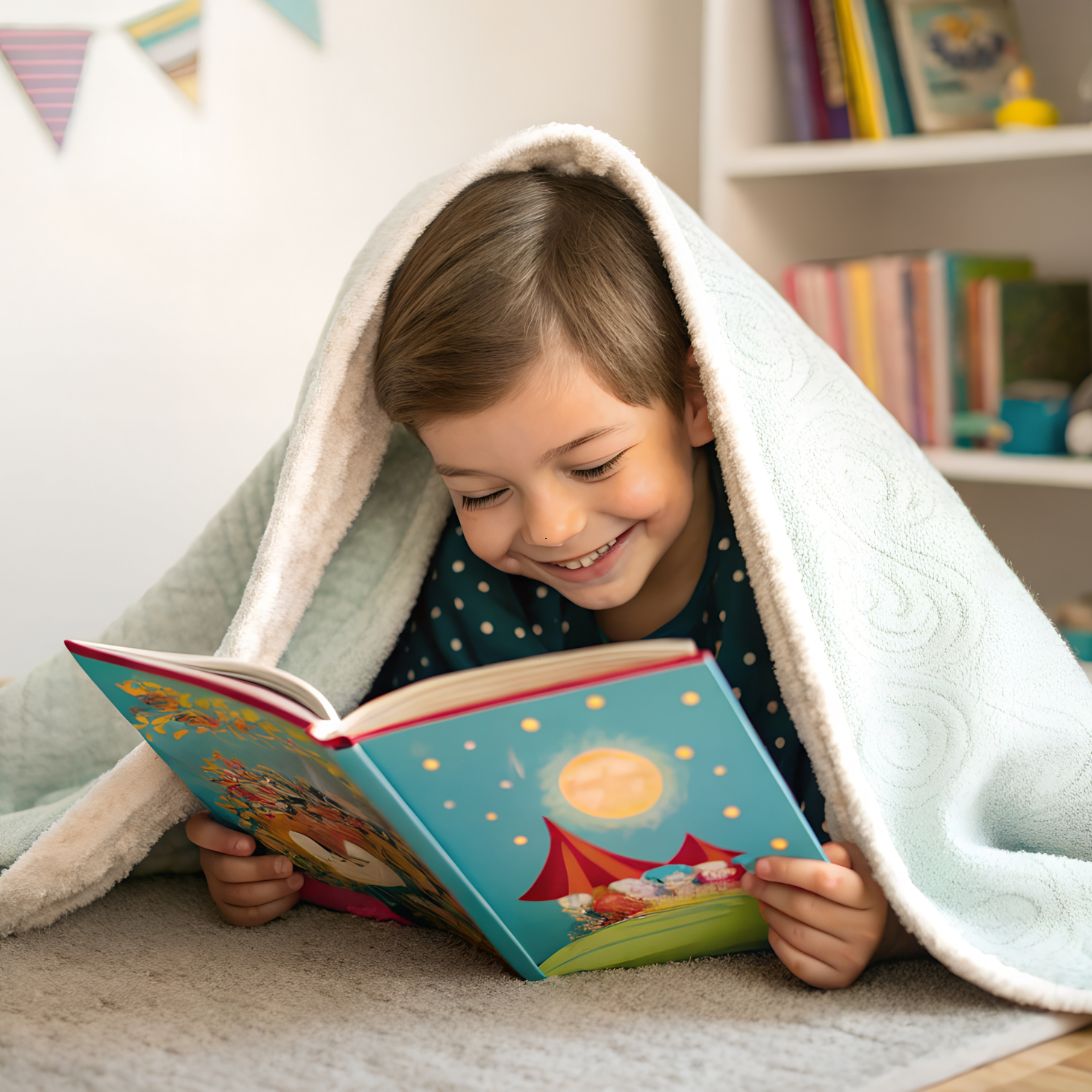Kind ligt boek te lezen onder verzwaringsdeken voor kinderen